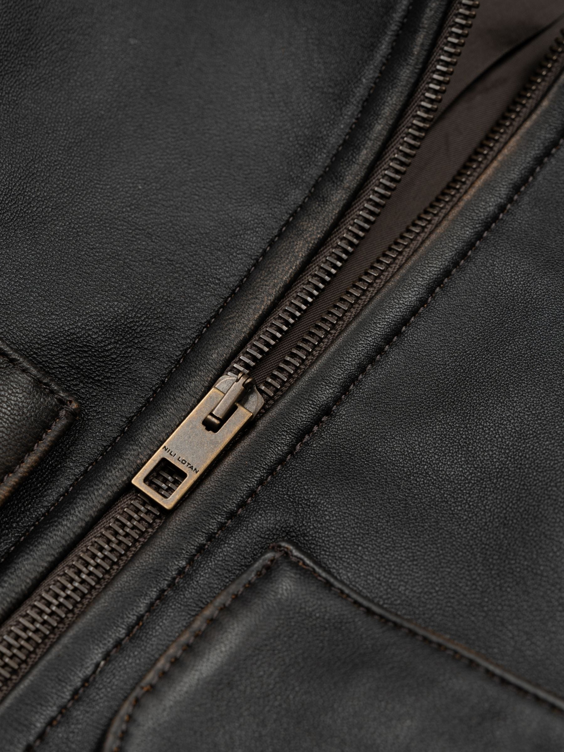 Nili Lotan Redley Leather Bomber Jacket Distressed Black