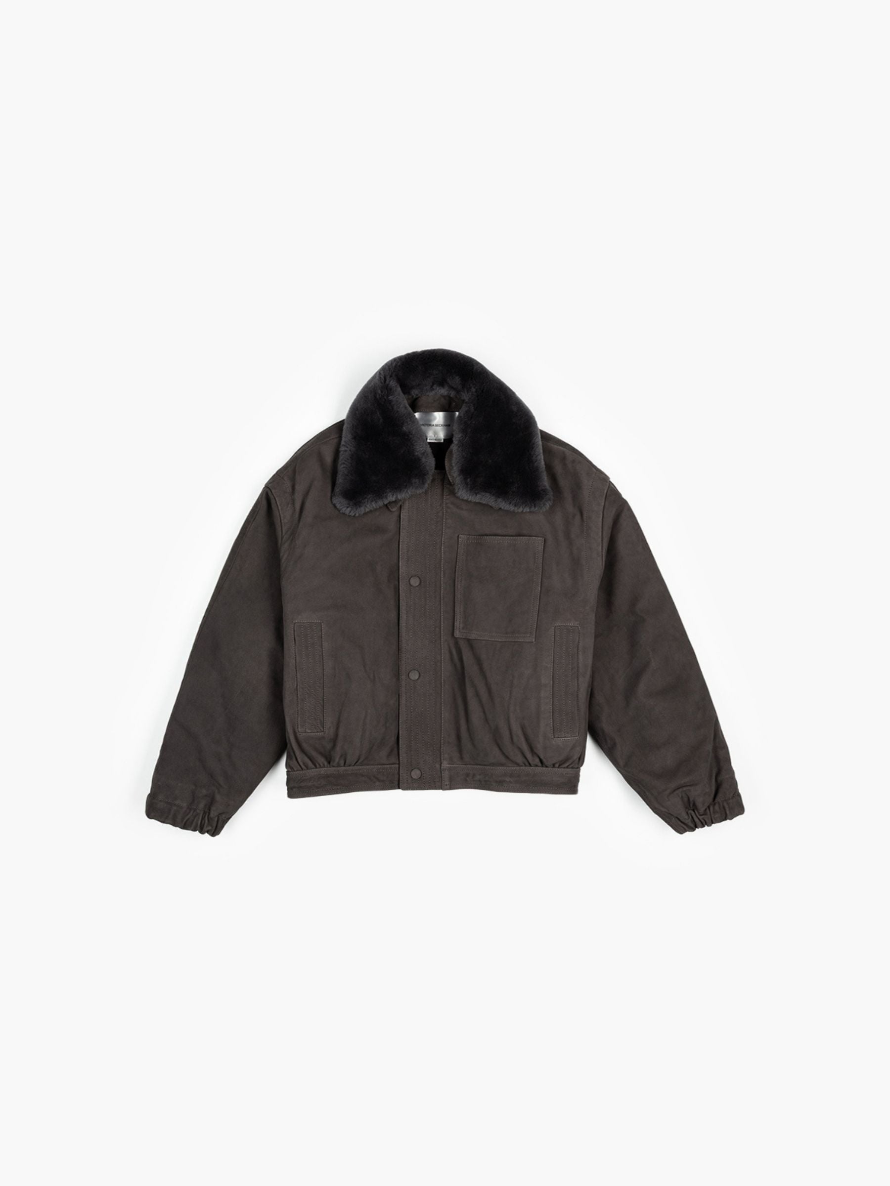 Victoria Beckham Relaxed Bomber Leather Jacket Seal Grey